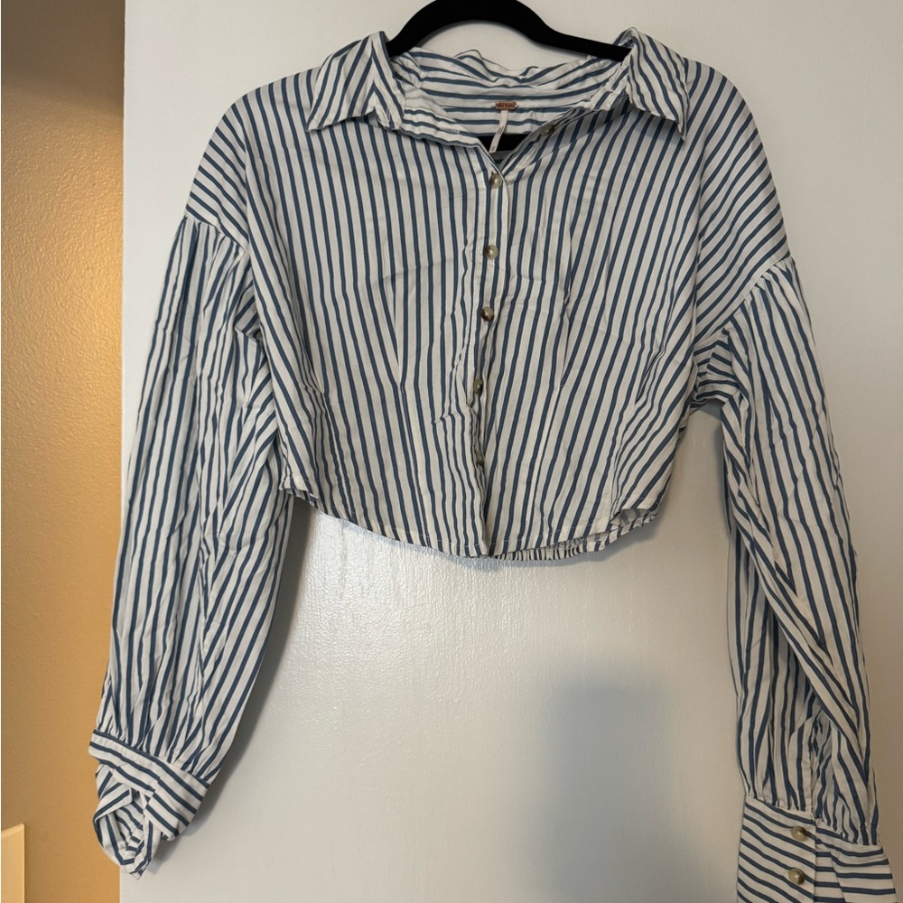 Striped Blue Button-Up Women's Top